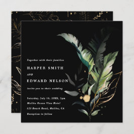 Wild Tropisch gebladerte Zwart Bruiloft Vierkant Kaart