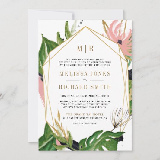 Wild Tropisch Goud Roze Bloemen Alles in Een Huwel Kaart (Voorkant)
