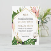 Wild Tropisch Goud Roze Bloemen Alles in Een Huwel Kaart (Staand voorkant)