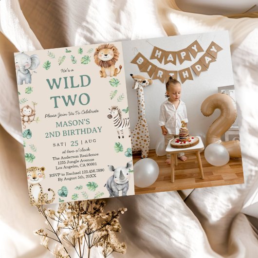 Wild Two Jungle Safari Animals Birthday Photo Kaart