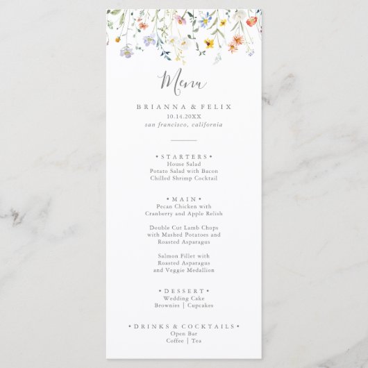 Wild veelkleurig bloemetjesdiner menu (Voorkant)