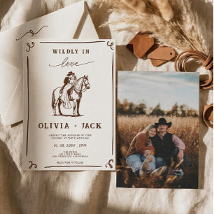 Wild Verliefd Western Cowboy Rustieke Foto Huwelij Kaart