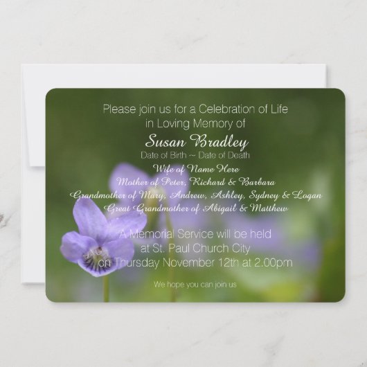 Wild Violets Viering van het Leven Uitnodiging (Achterkant)