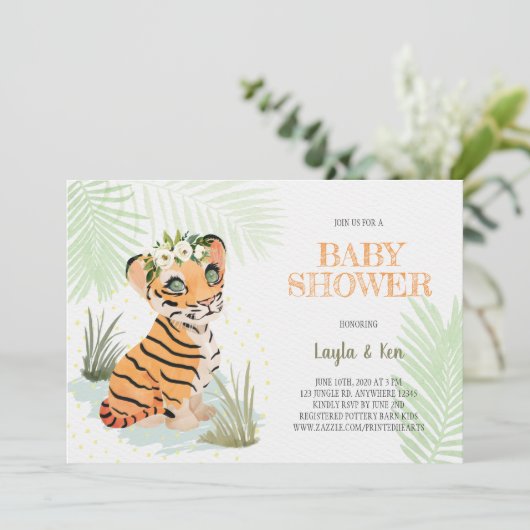Wild & vrij - Floral Tiger Baby shower Invitation Kaart (Staand voorkant)