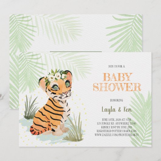 Wild & vrij - Floral Tiger Baby shower Invitation Kaart (Voorkant / Achterkant)