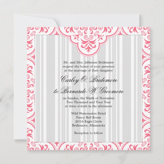 Wild Watermelon Wedding Damask Pattern Aangepast Kaart (Achterkant)