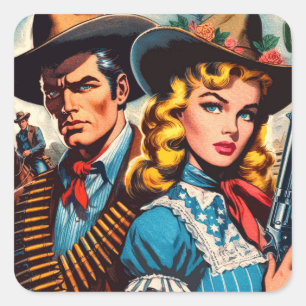 Wild West Couple Retro Comics Vierkante Sticker