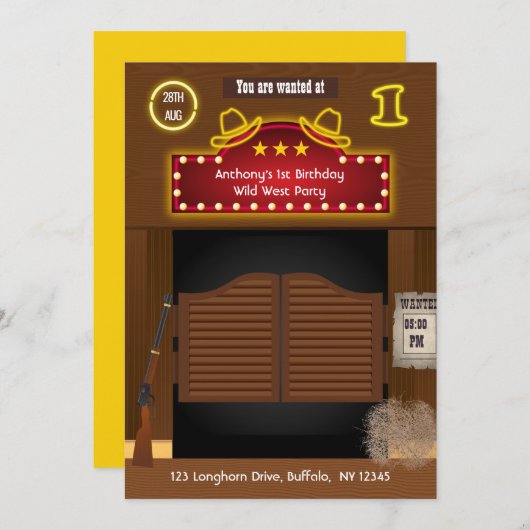 Wild West Cowboy 1st Birthday Party Kaart (Voorkant / Achterkant)