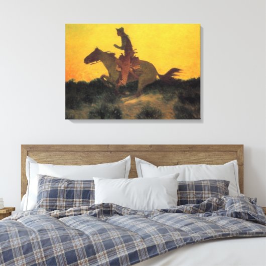 Wild West Cowboy Paardrijden Tegen de Zonsondergan Canvas Afdruk (Insitu (Slaapkamer))