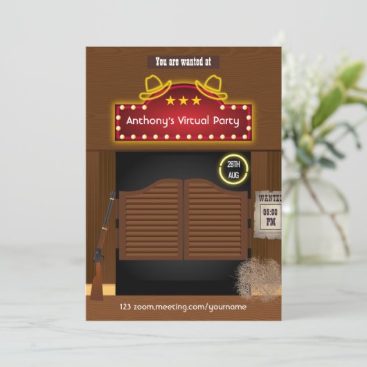 Wild West Cowboy - uitnodiging voor virtuele parti (Staand voorkant)