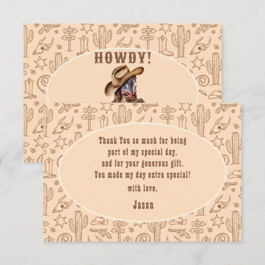 Wild west cowboy verjaardag kinder bedankkaart (Voorkant / Achterkant)