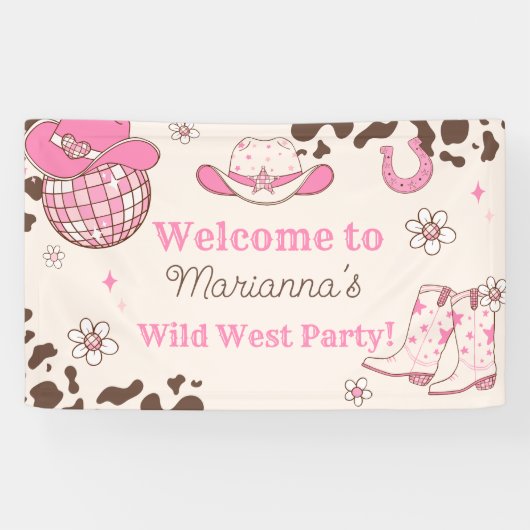 Wild west Cowgirl roze Verjaardagsfeestje Welkom Spandoek (Horizontaal)