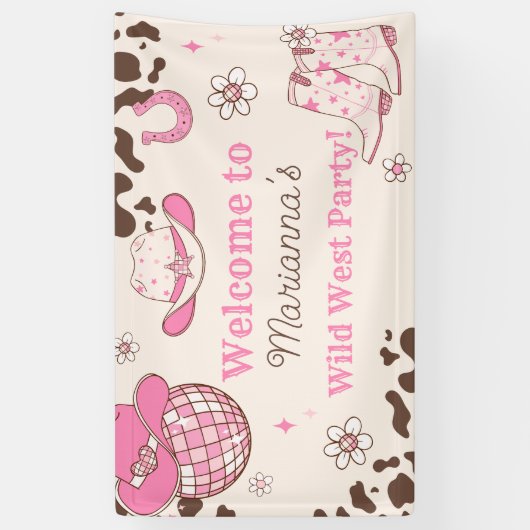 Wild west Cowgirl roze Verjaardagsfeestje Welkom Spandoek (Verticaal)