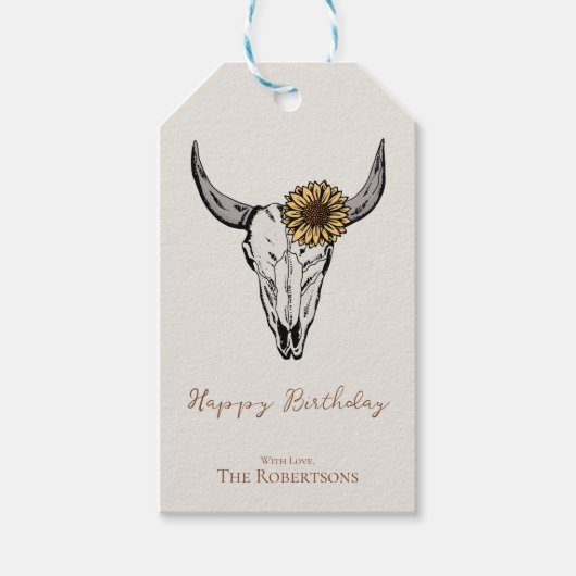 Wild West Happy Birthday Bull Skull Cadeaulabel (Voorkant)