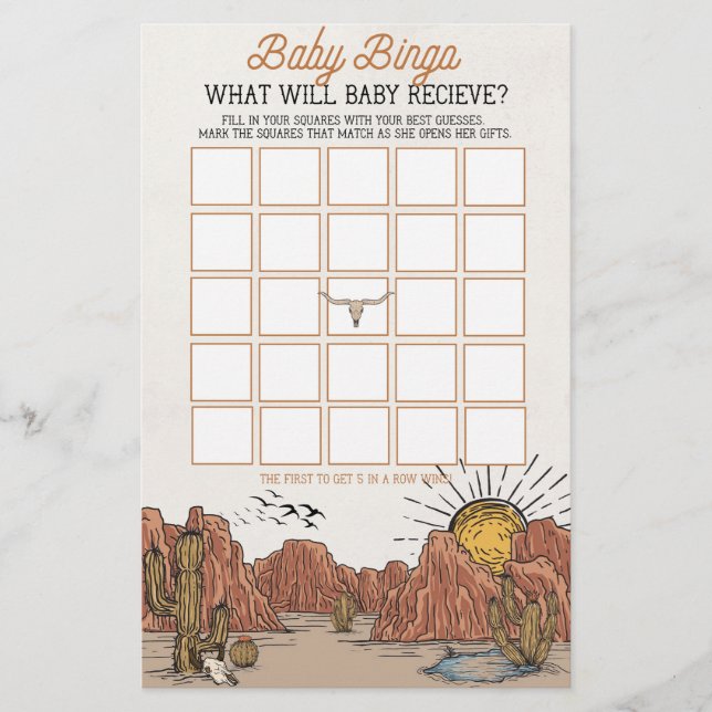 Wild West Rodeo baby bingo baby shower spel (Voorkant)