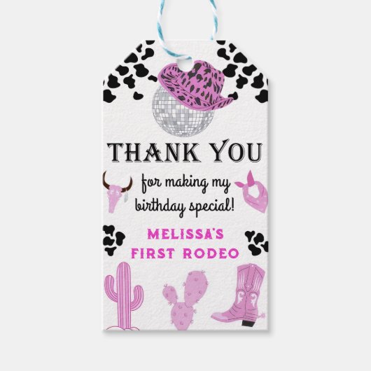 Wild West Rodeo Disco Cowgirl Verjaardag Bedankt Cadeaulabel (Voorkant)