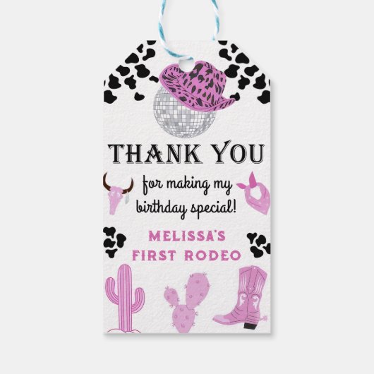 Wild West Rodeo Disco Cowgirl Verjaardag Bedankt Cadeaulabel (Achterkant)