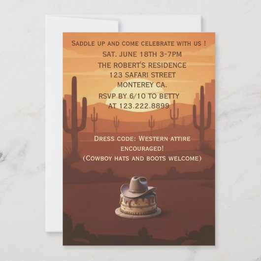 Wild West Verjaardag Cowboy Pet Cake Uitnodiging (Achterkant)