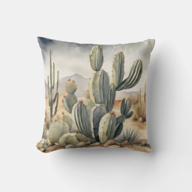 Wild West Vibes Cactus Waterverf Kussen (Voorkant)