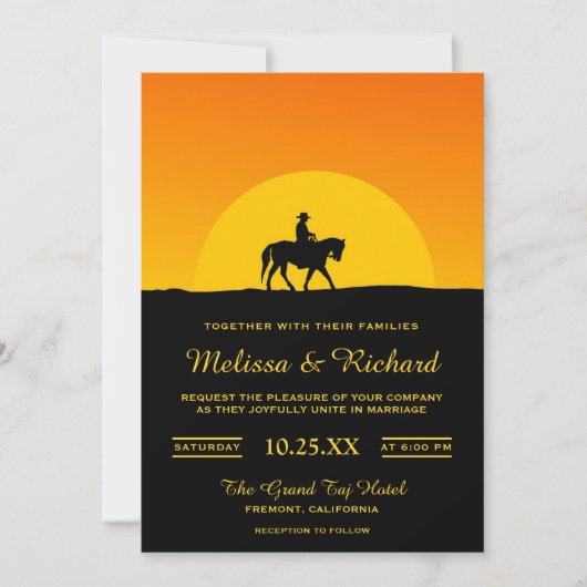 Wild West Western Sunset Cowboy Wedding Invitation Kaart (Voorkant)