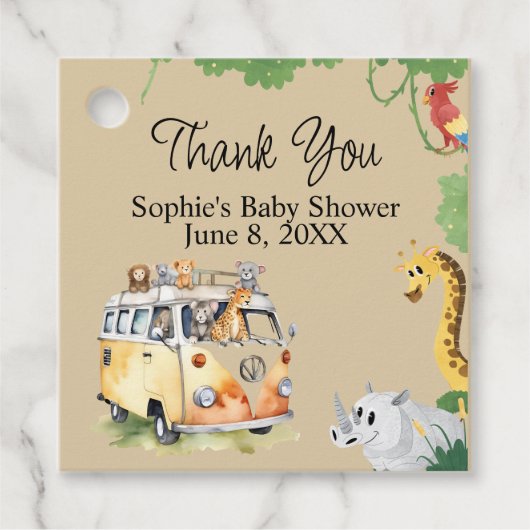 Wild Wheels Safari Animal Camper Van Baby shower Bedankjes Labels (Voorkant)
