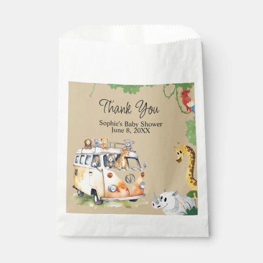 Wild Wheels Safari Animal Camper Van Baby shower Bedankzakje (Voorkant)