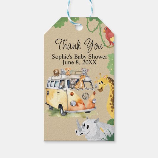Wild Wheels Safari Animal Camper Van Baby shower Cadeaulabel (Voorkant)