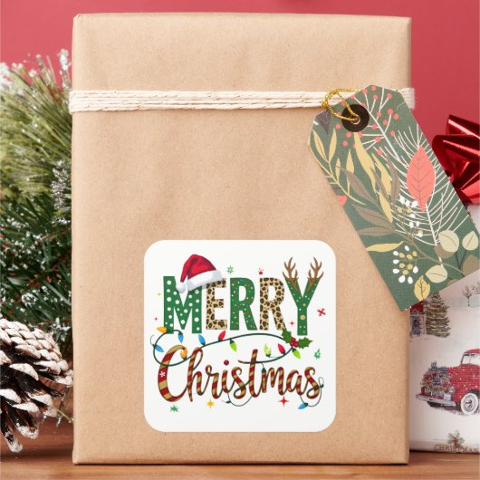 Wild & Whimsical Merry Christmas Leopard Print  Vierkante Sticker (Feestdagen)