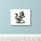 Wild Whiskers Leap - Zwart-wit Cat Art Print (Insitu (Houten vloer))