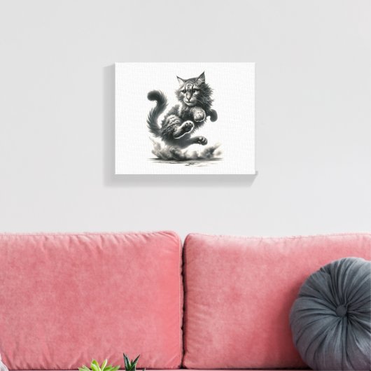 Wild Whiskers Leap - Zwart-wit Cat Art Print (Insitu (Woonkamer))