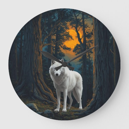 Wild White Wolf Under Moonlight Forest Animal Grote Klok (Voorkant)