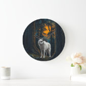 Wild White Wolf Under Moonlight Forest Animal Grote Klok (Huis)
