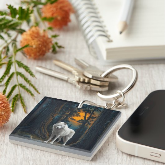 Wild White Wolf Under Moonlight Forest Animal Sleutelhanger (Voorkant Rechts)