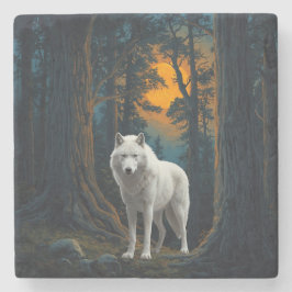 Wild White Wolf Under Moonlight Forest Animal Stenen Onderzetter