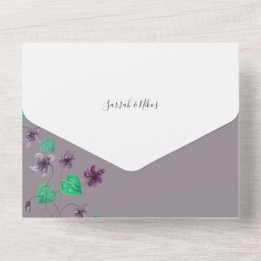 Wild Wiolets Waterverf handgeschilderd All In One Uitnodiging (Achterkant)