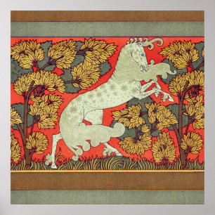 WILD WIT PAARD, BOMEN IN BOSLAND Art Nouveau Poster