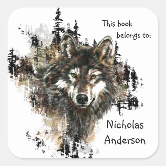 Wild Wolf Mountain Art Custom Bookplate art Vierkante Sticker (Voorkant)