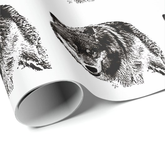 Wild Wolf Zwart & Wit kunstwerk Cadeaupapier (Rol Hoek)
