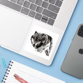 Wild Wolf Zwart & Wit kunstwerk Sticker (Laptop met iPhone)