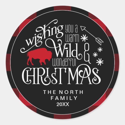Wild Wonderful Christmas Red & Black Buffalo ID604 Ronde Sticker (Voorkant)