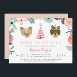Wild Woodland Baby shower Invitation Kaart<br><div class="desc">Schattige babyshower-uitnodigingen voor je wilde onderweg zijn voorzien van een Boho-bloemenrand,  een paar zoet bos-babydieren en een roze teepee-illustratie. "Born to be wild" verschijnt in perzikbelettering,  met je baby shower onder de details. Kaarten omgekeerd naar effen blush roze.</div>
