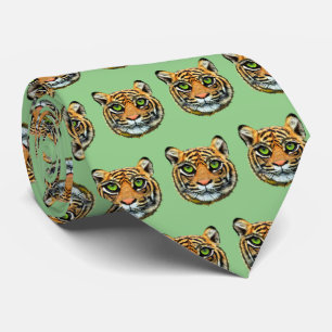 Wild Young Tiger Face Pattern on Olive Green Stropdas