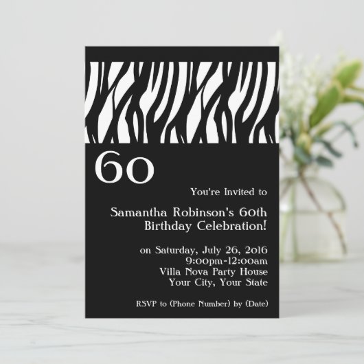 Wild Zebra Black met 60th Party-uitnodigingen Kaart (Staand voorkant)