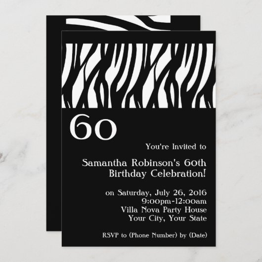 Wild Zebra Black met 60th Party-uitnodigingen Kaart (Voorkant / Achterkant)