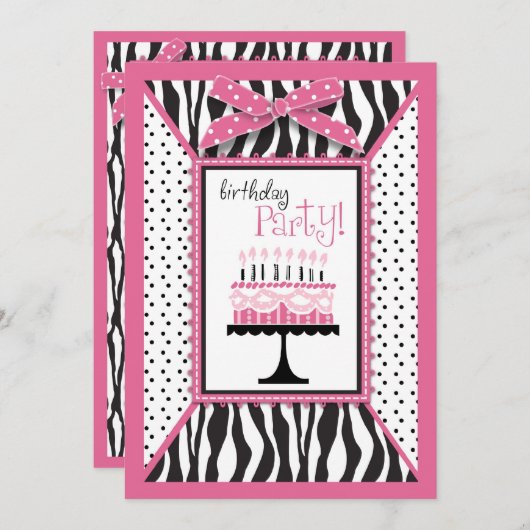 Wild Zebra Print & Birthday Cake Pink Kaart (Voorkant / Achterkant)
