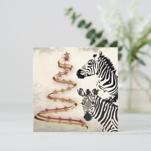 Wild Zebras en Ribbon Stared Kerstbomen Flat Feestdagenkaart (Staand voorkant)