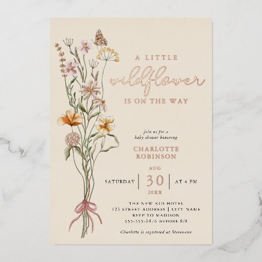 Wildbloem Bloemen Boho Baby shower Echt Folie Uitnodiging (Voorkant)