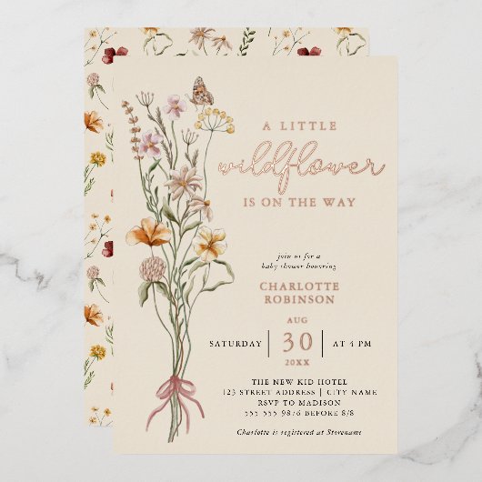 Wildbloem Bloemen Boho Baby shower Echt Folie Uitnodiging (Voorkant / Achterkant)