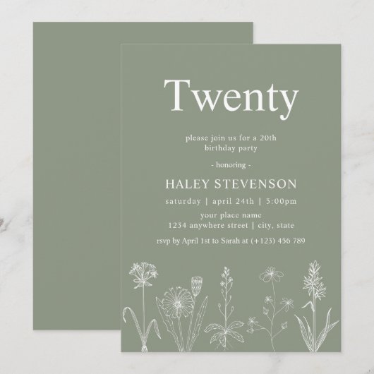 Wildbloem Bloemen Twintig Salie Groen 20ste Verjaa Kaart (Voorkant / Achterkant)