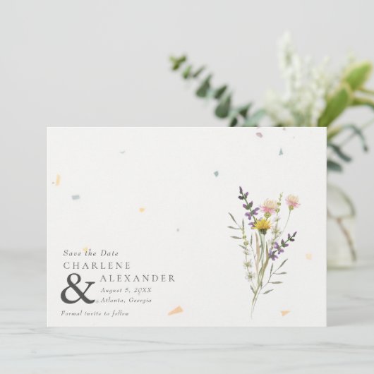 Wildbloem bloementuin foto bruiloft save the date (Staand voorkant)